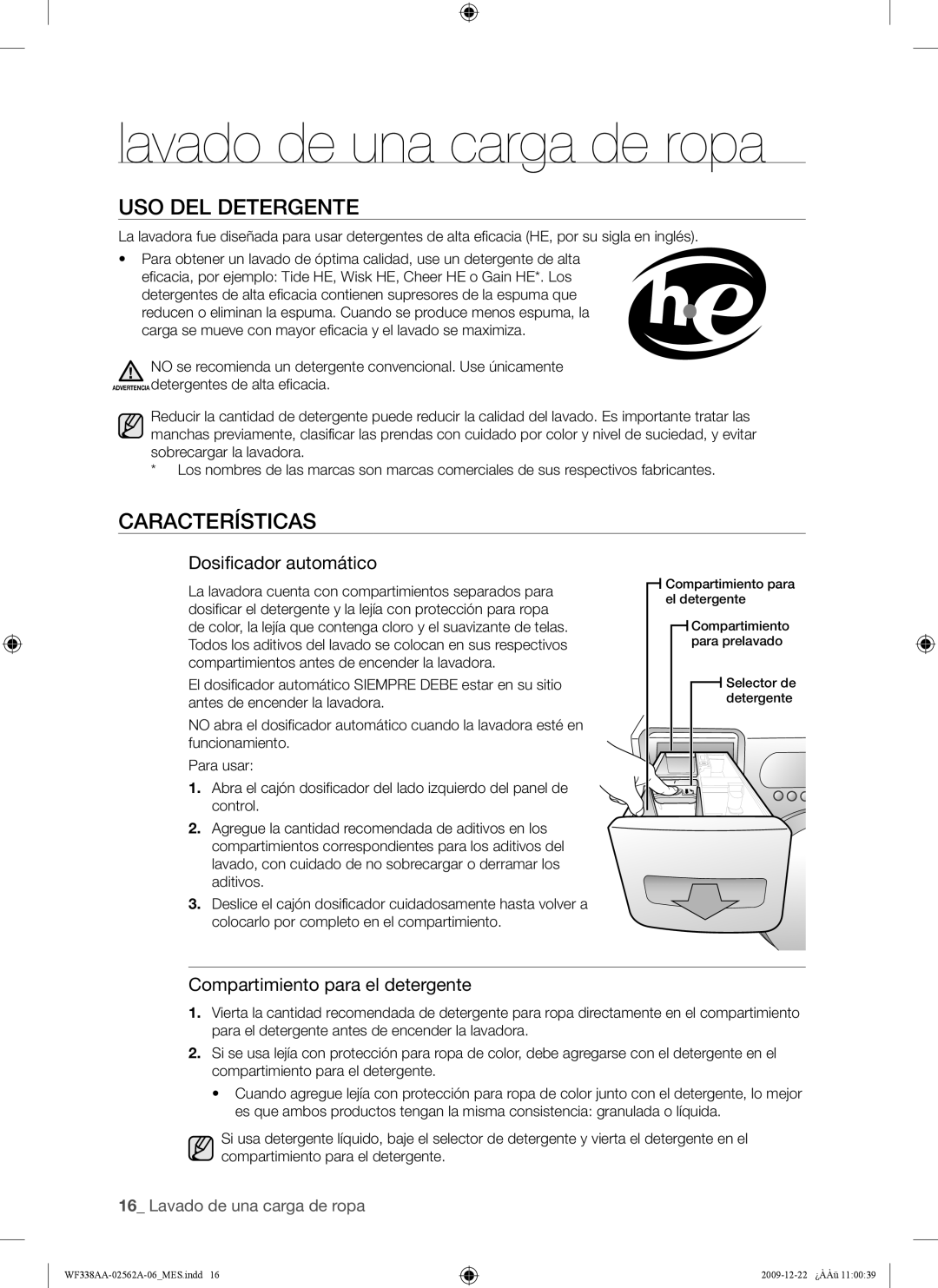 Samsung WF338AAB/XAA manual USO DEL Detergente, Características 