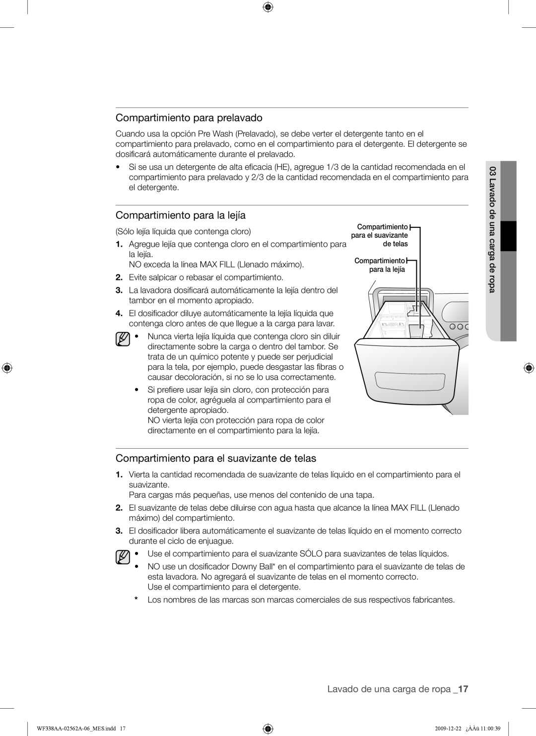 Samsung WF338AAB/XAA manual Compartimiento para prelavado, Una carga de ropa 