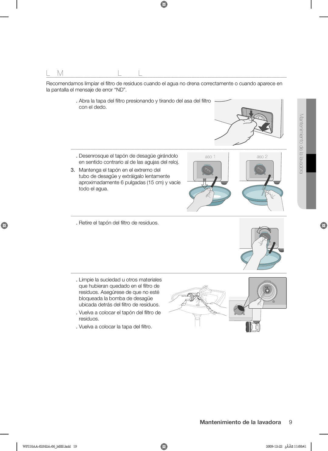 Samsung WF338AAB/XAA manual Limpieza DEL Filtro DE Residuos 