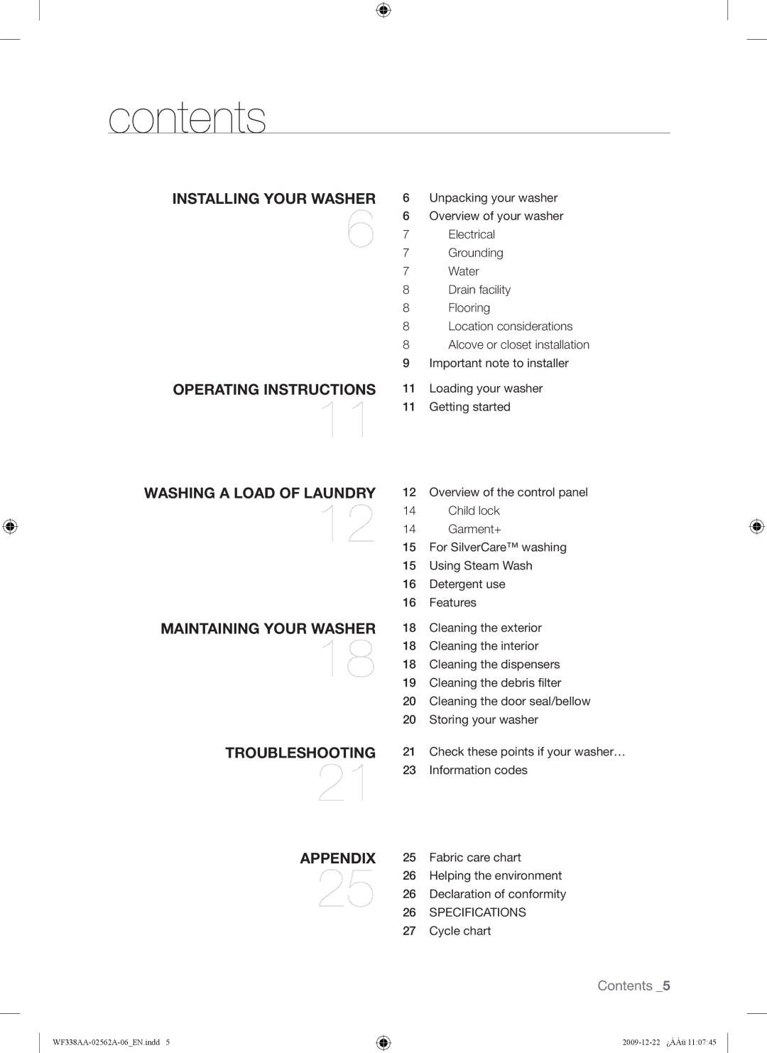 Samsung WF338AAB/XAA manual Contents 