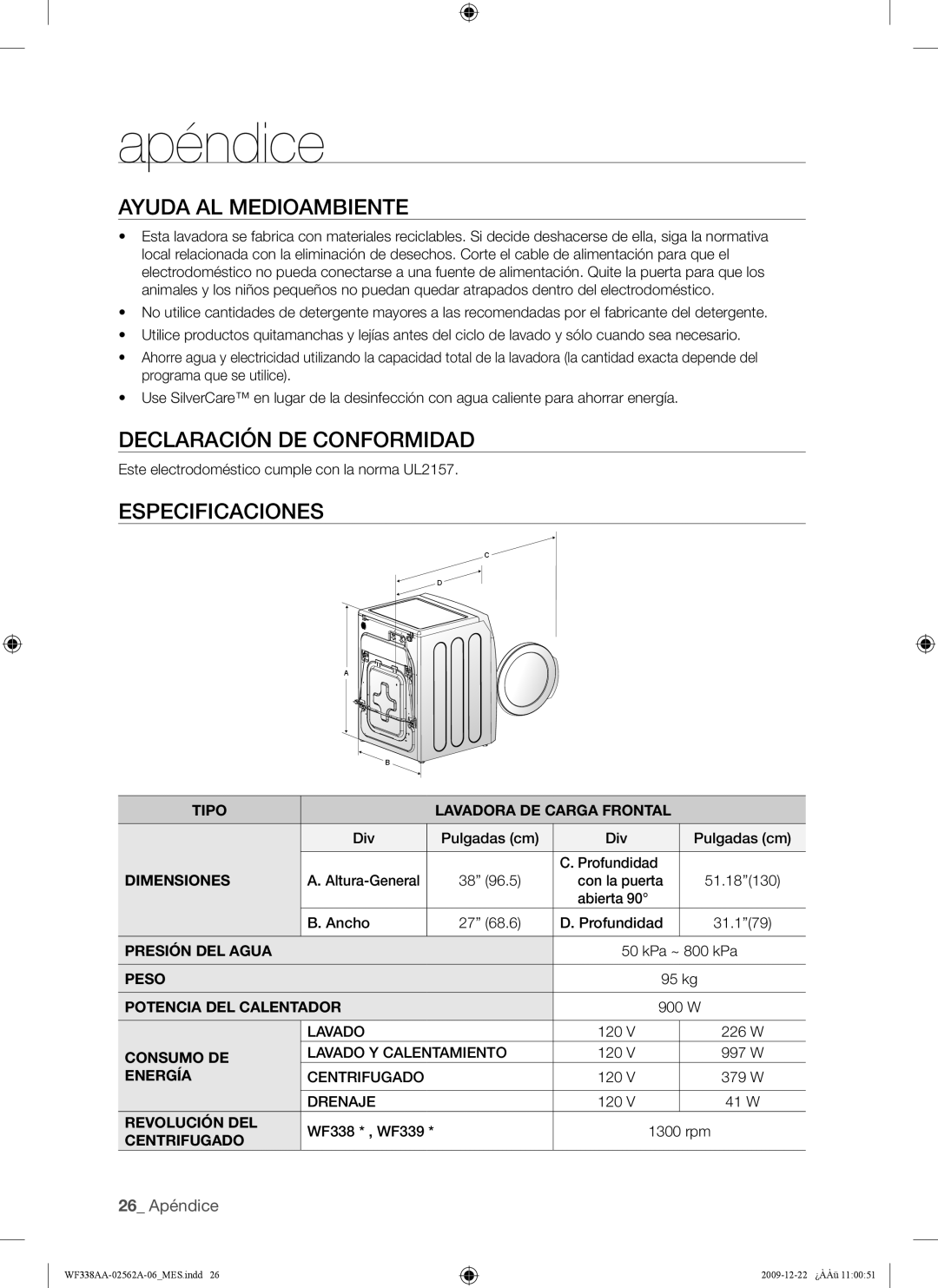 Samsung WF338AAB/XAA manual Ayuda AL Medioambiente, Declaración DE Conformidad, Especificaciones 