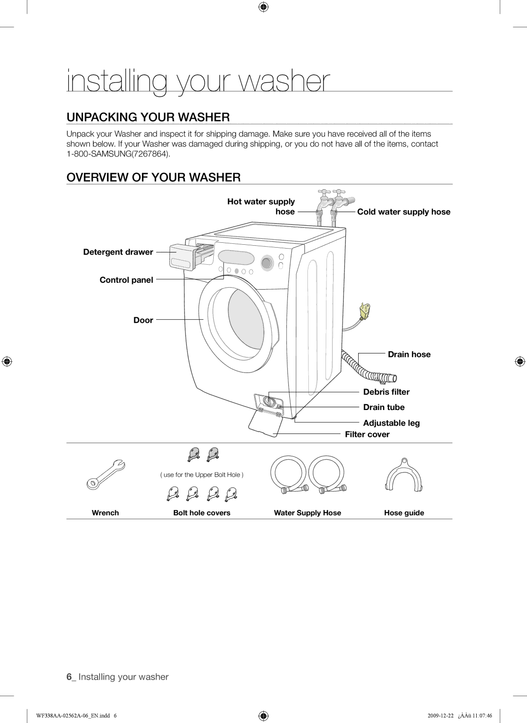 Samsung WF338AAB/XAA manual Installing your washer, Unpacking Your Washer, Overview of Your Washer 