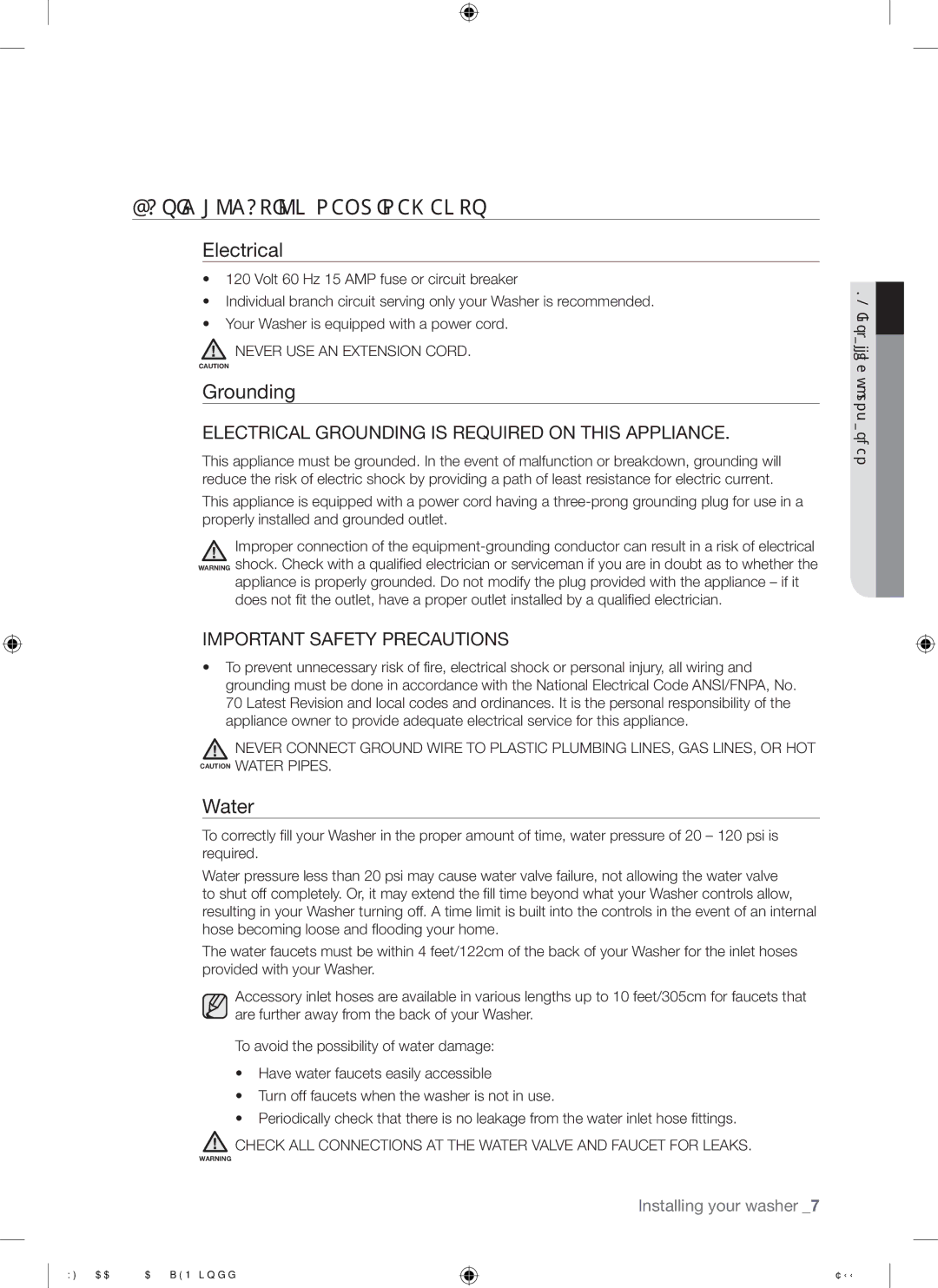 Samsung WF338AAB/XAA manual Basic Location Requirements, Electrical, Grounding, Water, Installing your washer 