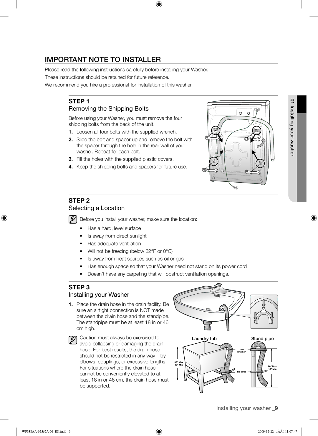 Samsung WF338AAB/XAA manual Important Note to Installer, Step 