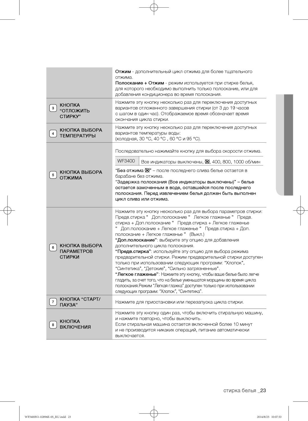 Samsung WF3400N1V/YLP Отложить, Стирку, Температуры, Кнопка Выбора Отжима, Параметров, Стирки, Кнопка Старт, Пауза 