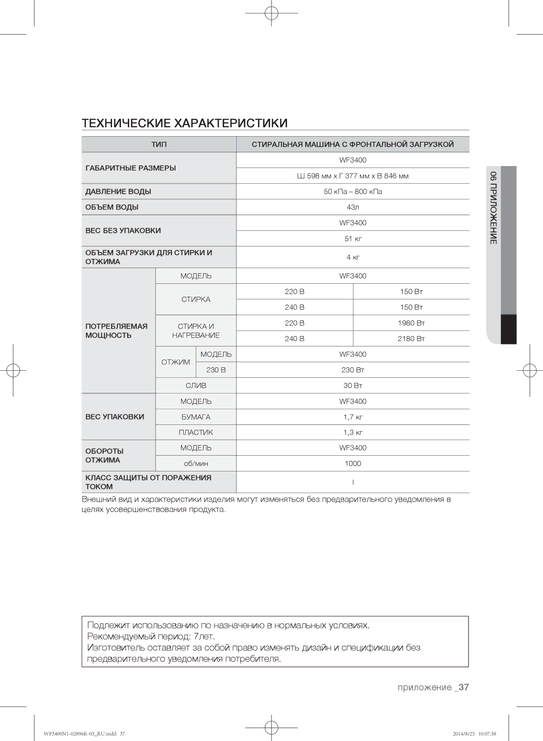 Samsung WF3400N1V/YLP, WF3400N1C/YLP manual Технические характеристики, Приложение 