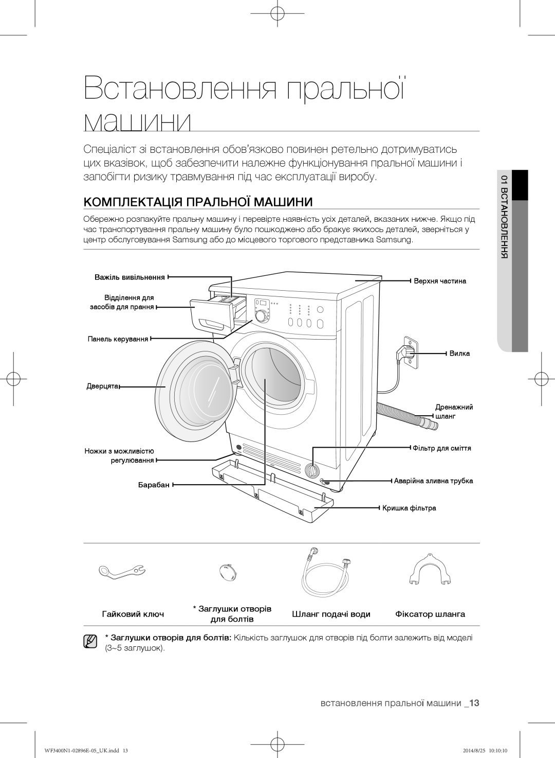 Samsung WF3400N1V/YLP, WF3400N1C/YLP manual Встановлення пральної машини, Комплектація пральної машини 