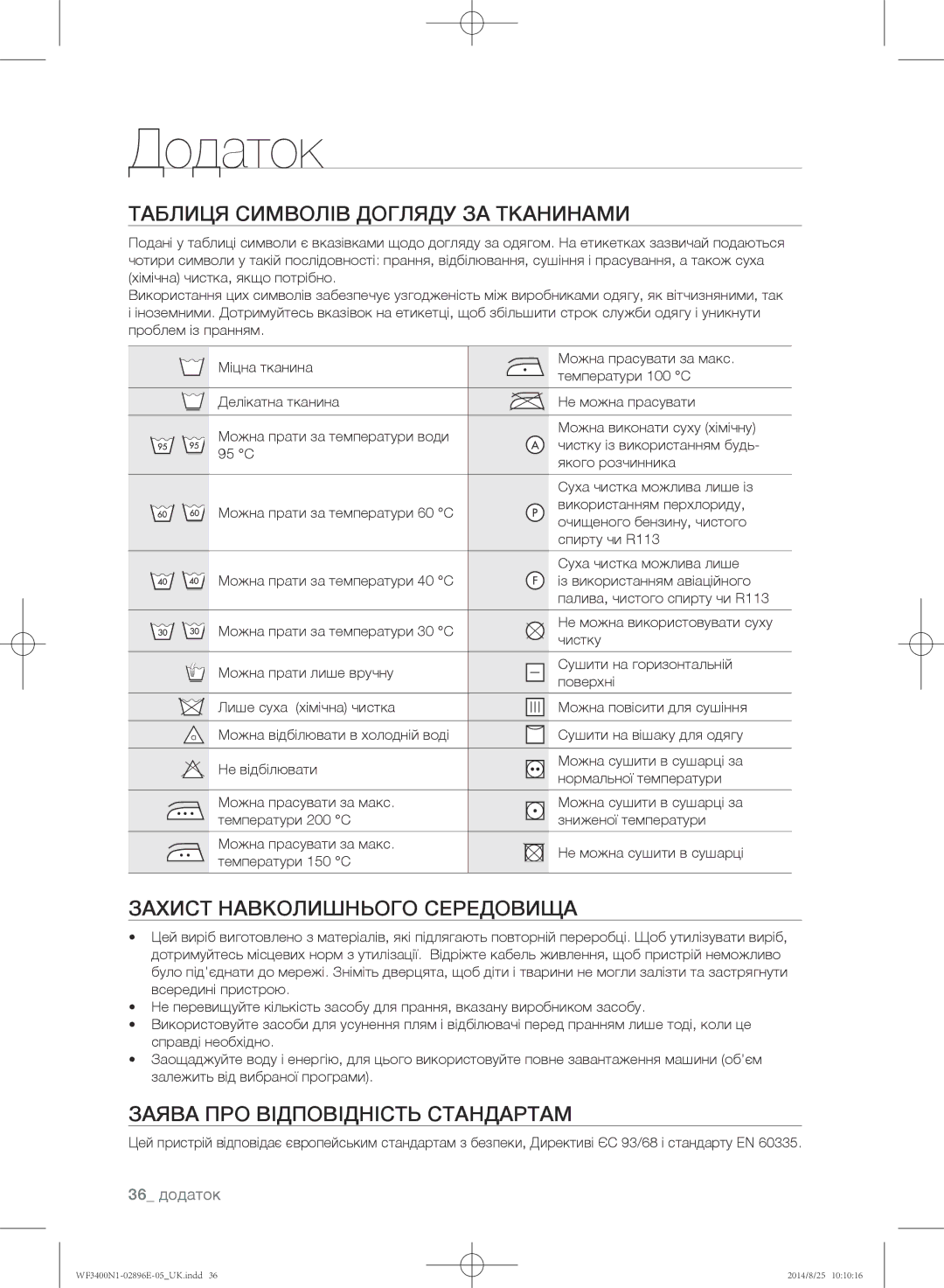 Samsung WF3400N1C/YLP manual Додаток, Таблиця символів догляду за тканинами, Захист навколишнього середовища, 36 додаток 