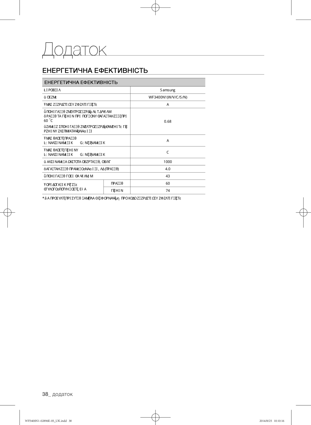 Samsung WF3400N1C/YLP, WF3400N1V/YLP manual Енергетична ефективність, 38 додаток, Енергетична Ефективність 