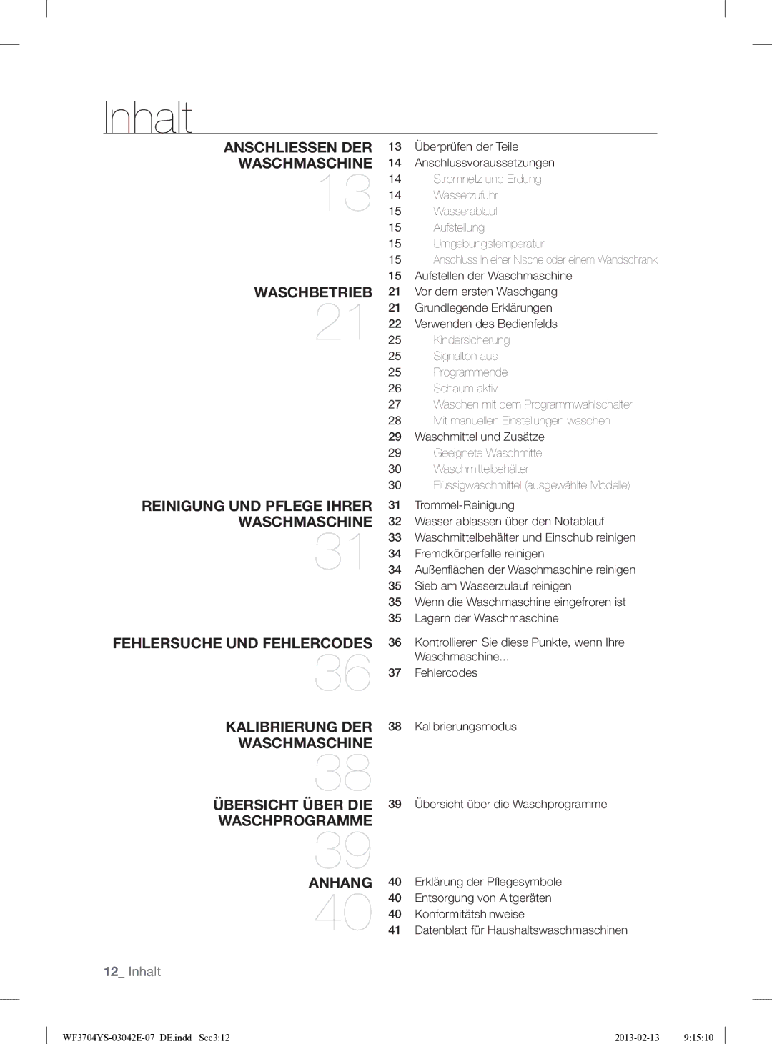 Samsung WF3704YSW2/XEG manual Inhalt 