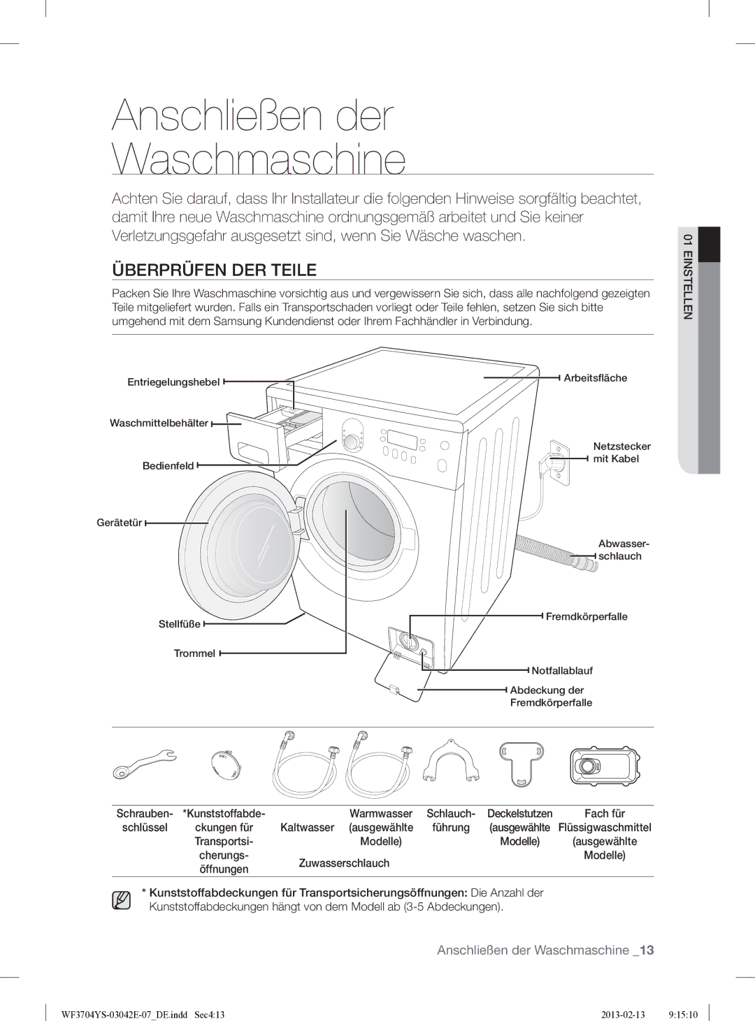 Samsung WF3704YSW2/XEG manual Anschließen der Waschmaschine, Überprüfen DER Teile, Kaltwasser ausgewählte, Zuwasserschlauch 