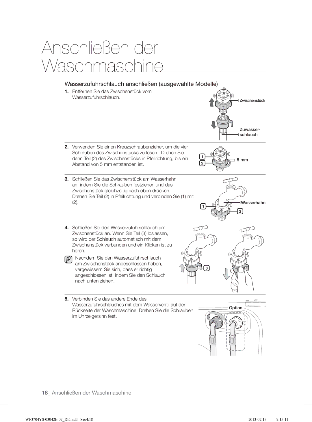 Samsung WF3704YSW2/XEG manual Wasserzufuhrschlauch anschließen ausgewählte Modelle 