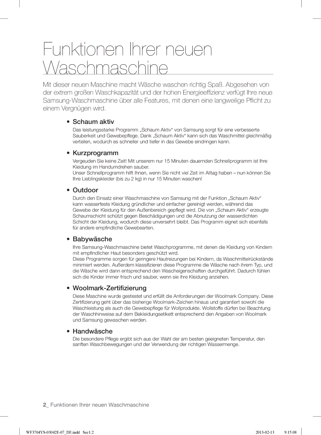 Samsung WF3704YSW2/XEG manual Funktionen Ihrer neuen Waschmaschine 