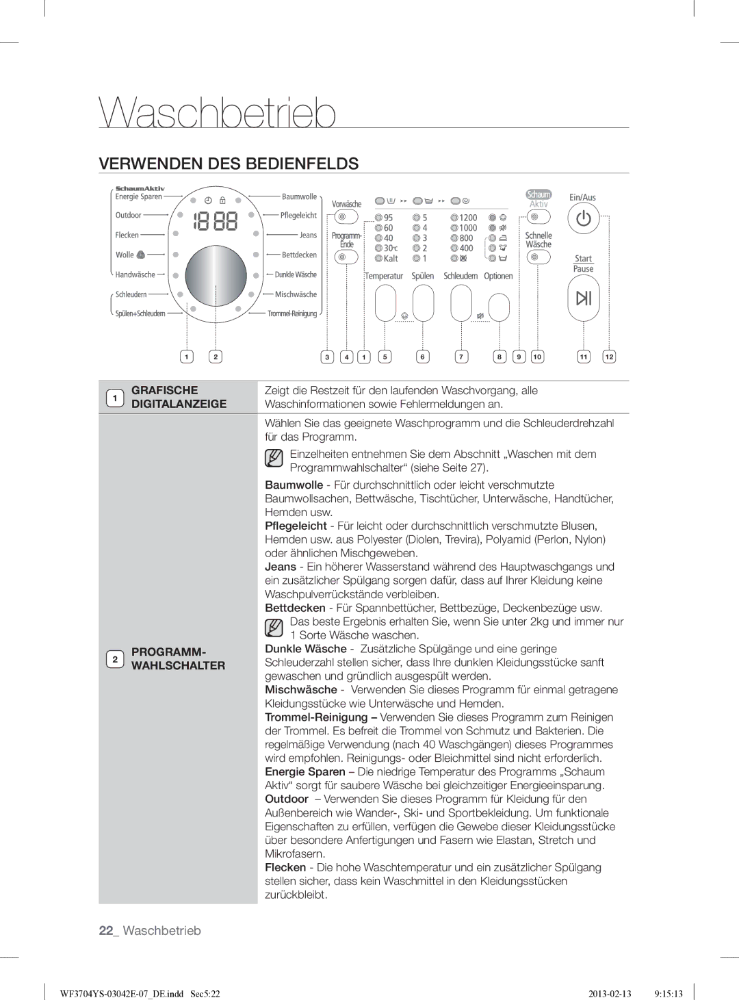 Samsung WF3704YSW2/XEG manual Verwenden DES Bedienfelds, Grafische, Digitalanzeige, Programm, Wahlschalter 