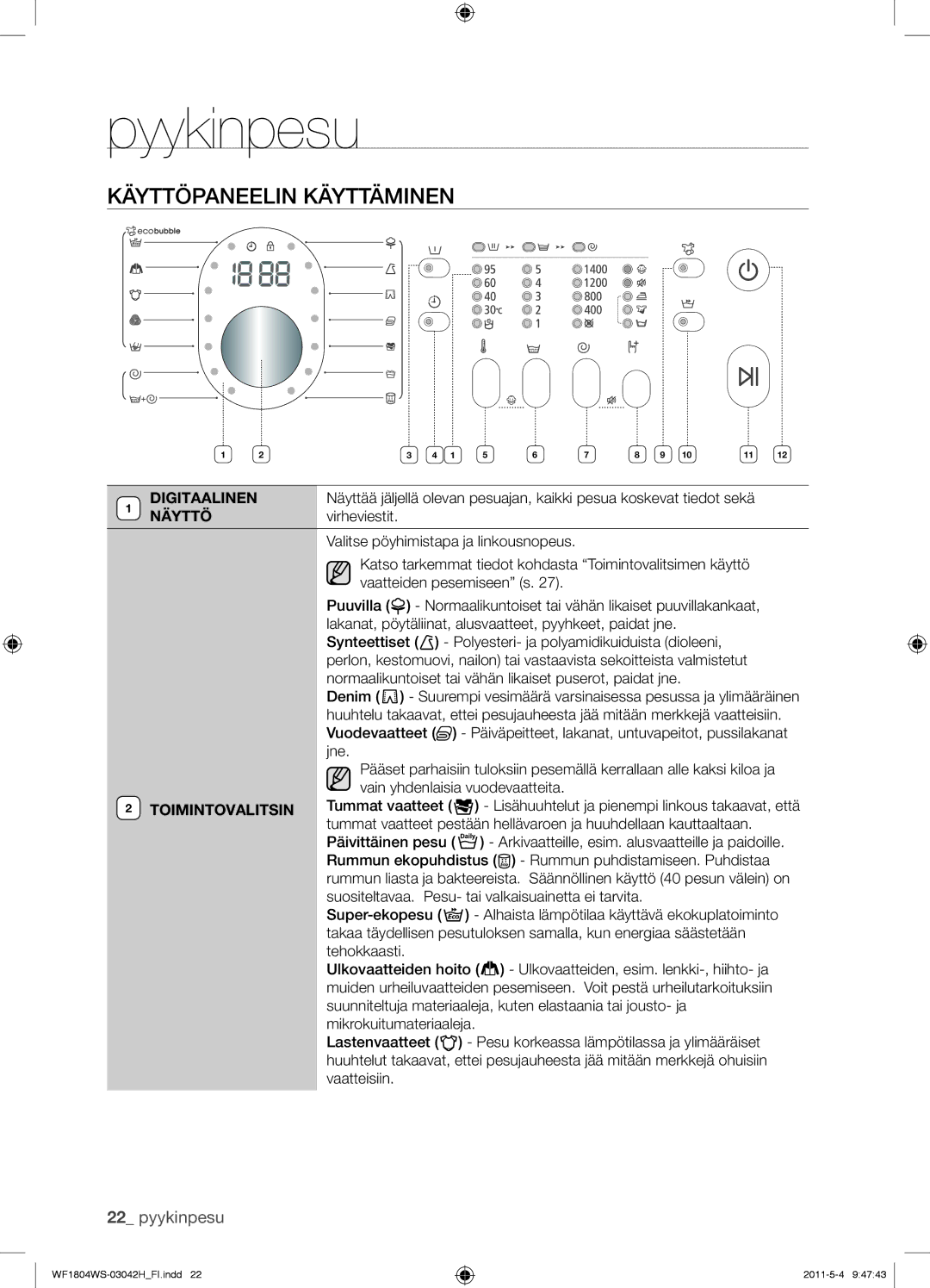 Samsung WF1704WSV2/XEE, WF3714YSW2/XEG, WF3704YSW2/XEG Käyttöpaneelin Käyttäminen, Digitaalinen, Näyttö, Toimintovalitsin 