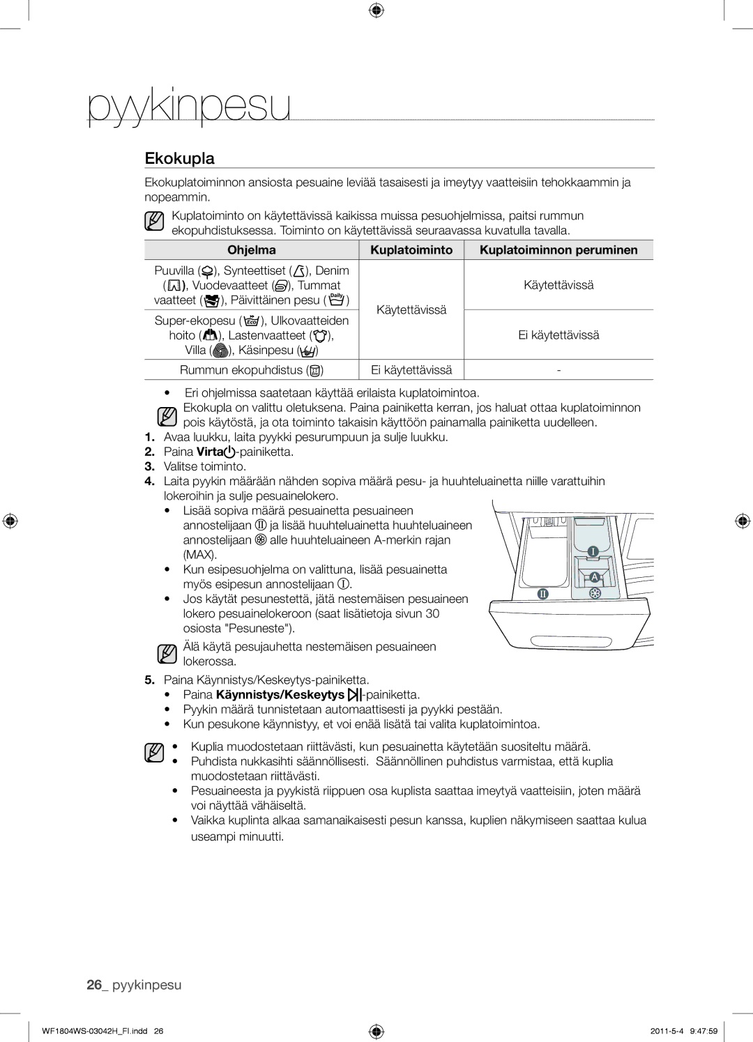 Samsung WF1804WPC2/XEF Ekokupla, Ohjelma Kuplatoiminto Kuplatoiminnon peruminen, Paina Käynnistys/Keskeytys -painiketta 