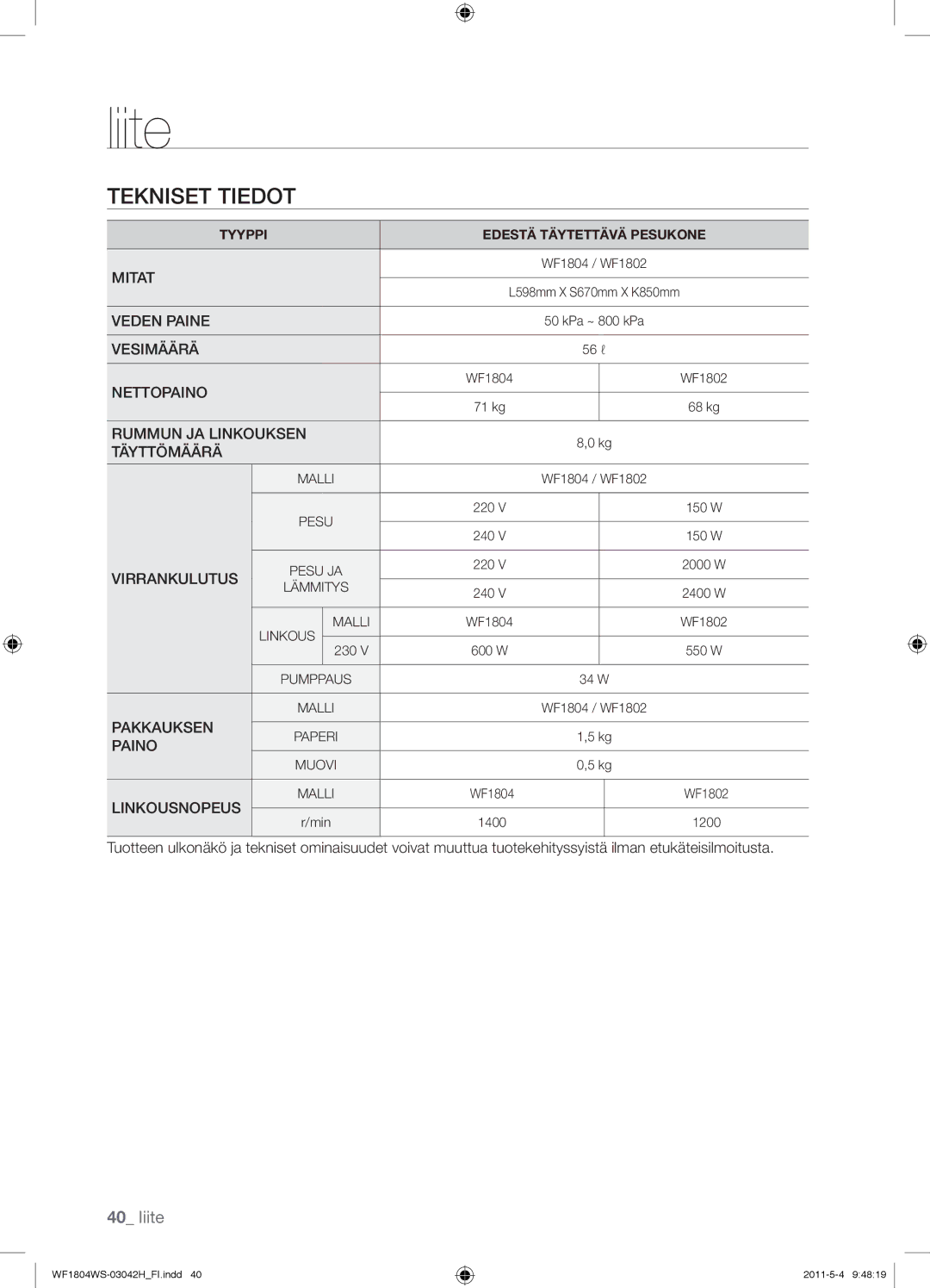 Samsung WF3714YSW2/XEG, WF3704YSW2/XEG, WF1804WPC2/XEF, WF1704WSV2/XEF, WF1702WSV2/XET manual Tekniset Tiedot, Virrankulutus 