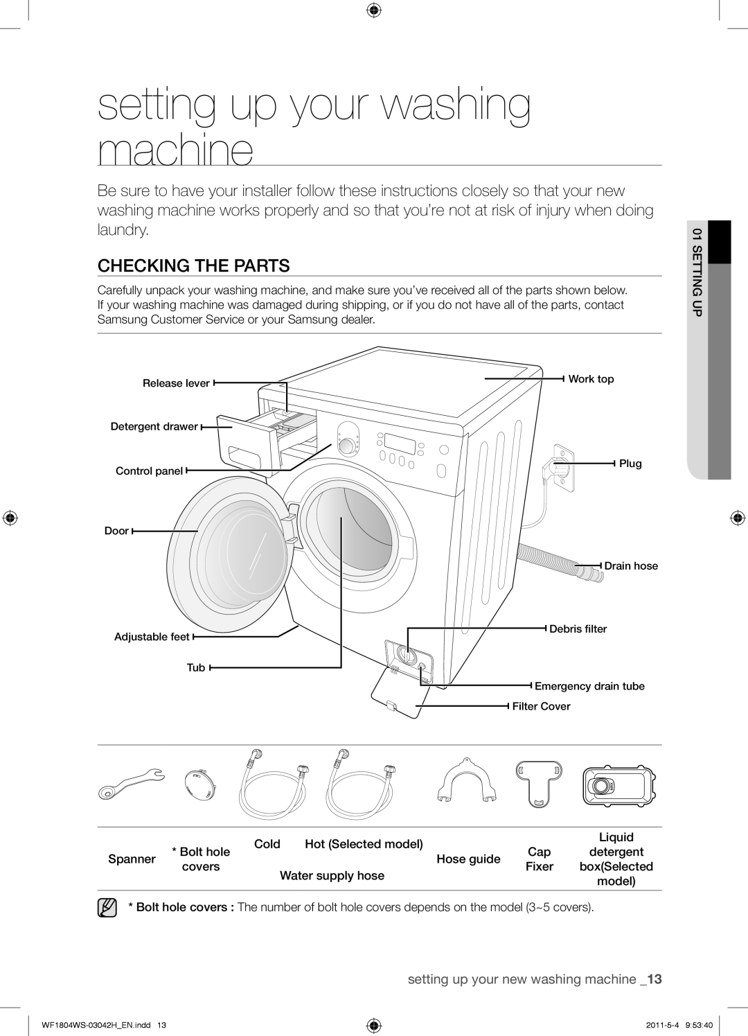 Samsung WF1804YPV2/XEE manual Setting up your washing machine, Checking the Parts, Cold Hot Selected model Liquid Bolt hole 