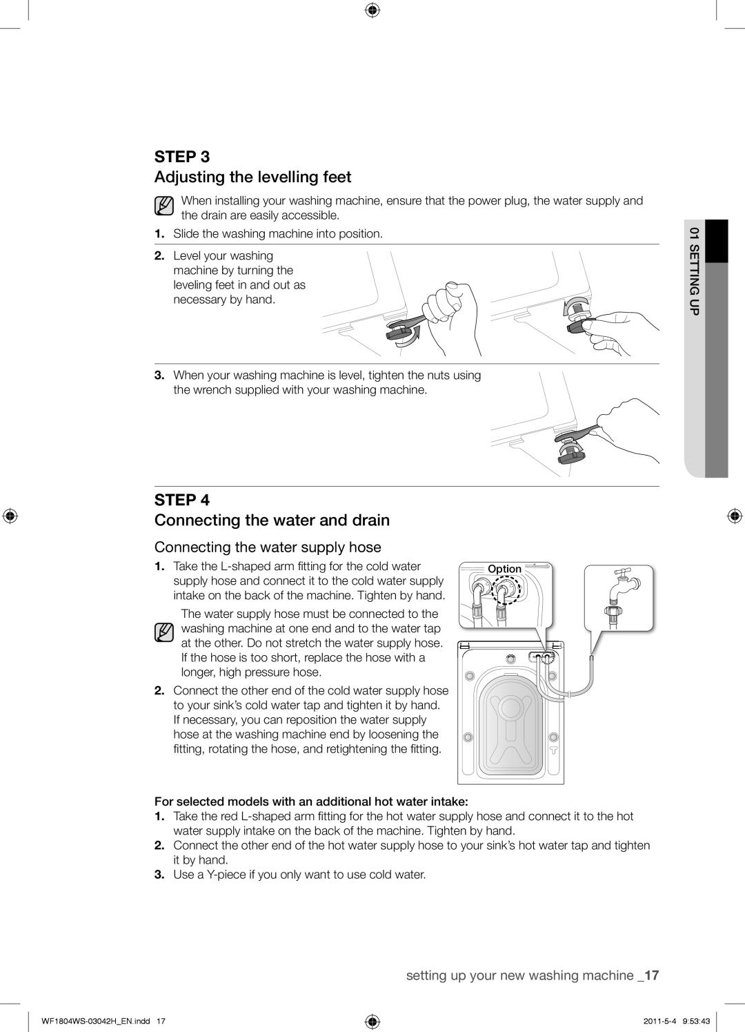 Samsung WF3704YSW2/XEG Adjusting the levelling feet, Connecting the water and drain, Connecting the water supply hose 