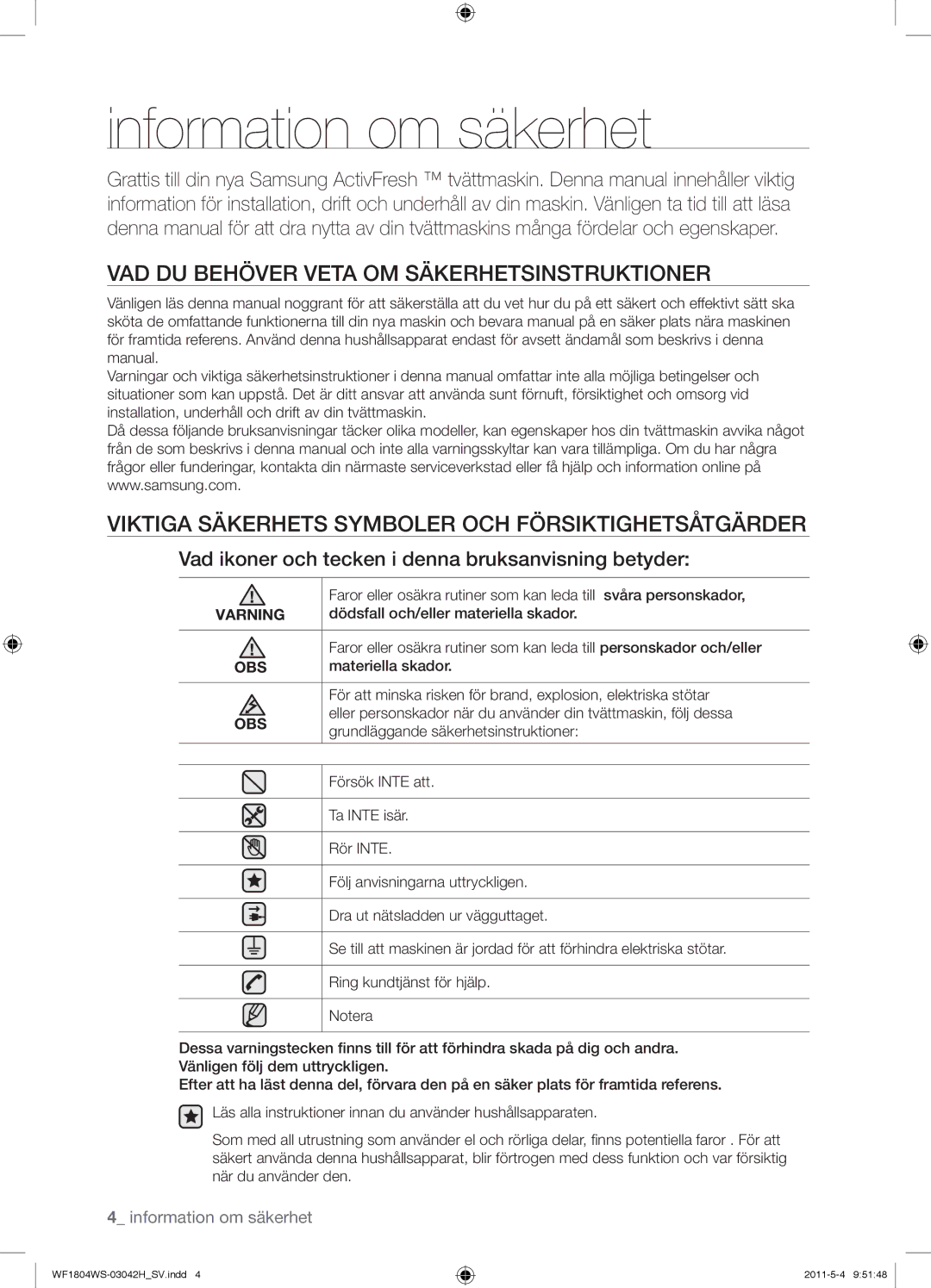 Samsung WF1702WSV2/XET, WF3714YSW2/XEG manual Information om säkerhet, VAD DU Behöver Veta OM Säkerhetsinstruktioner 