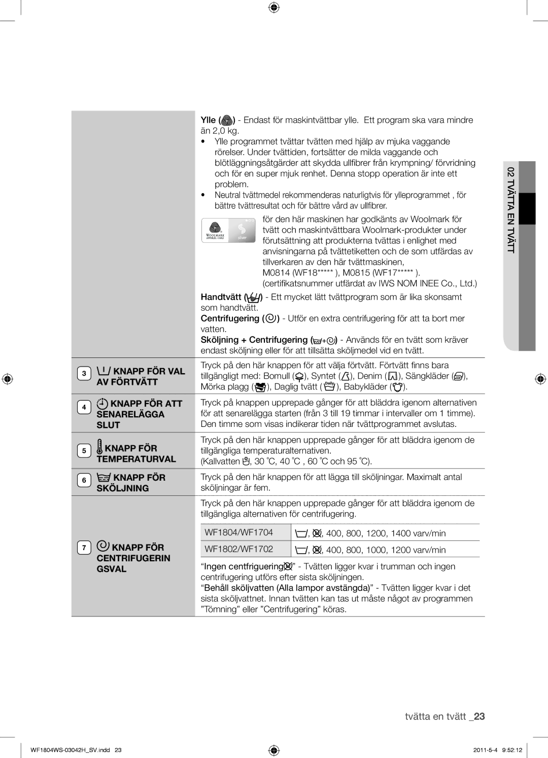 Samsung WF1602W5C/XEH manual Knapp FÖR VAL, AV Förtvätt, Knapp FÖR ATT, Senarelägga, Slut, Temperaturval, Sköljning 