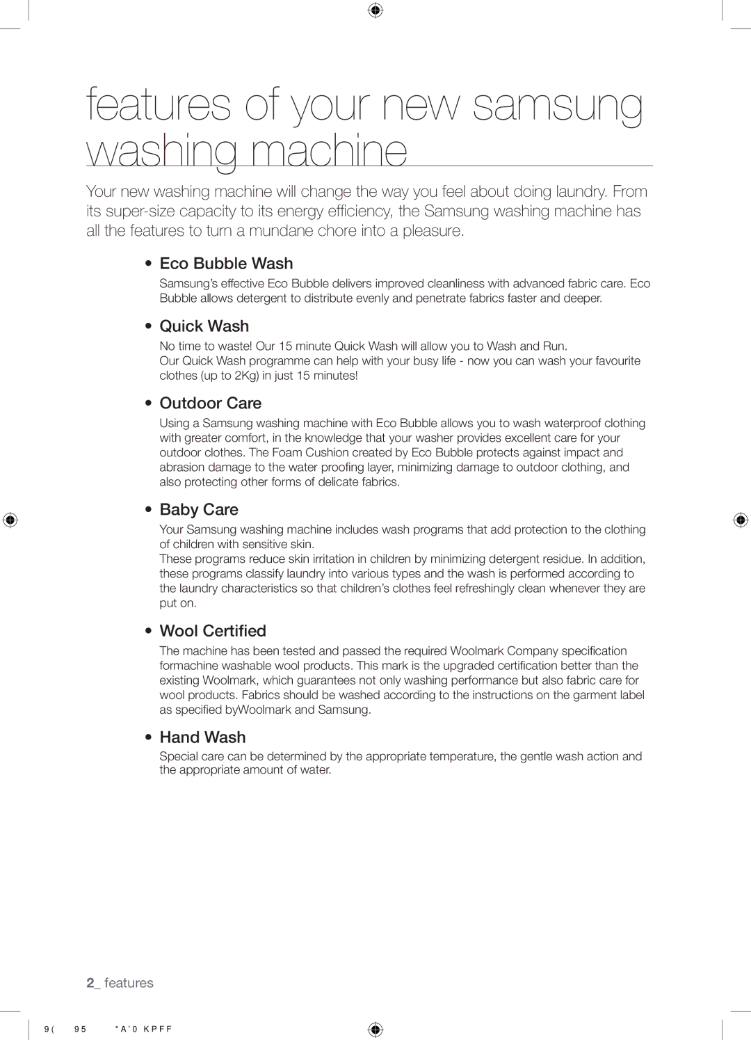 Samsung WF1804WPC2/XEF, WF3714YSW2/XEG, WF3704YSW2/XEG, WF1704WSV2/XEF manual Features of your new samsung washing machine 