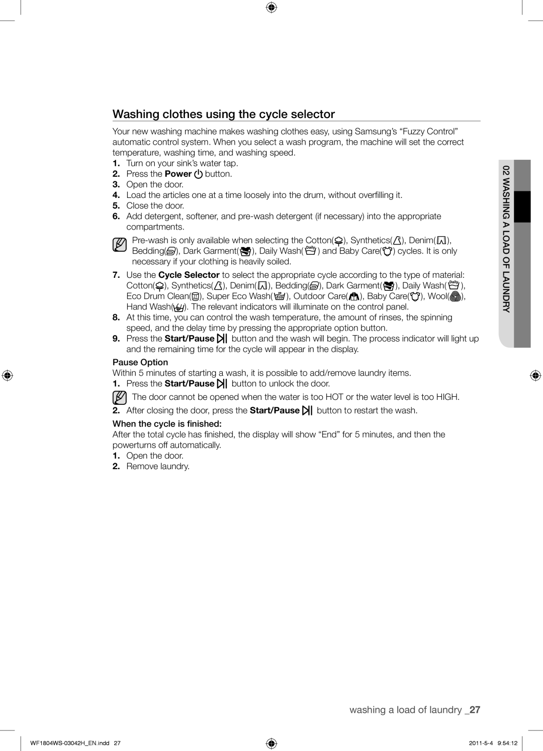 Samsung WF0704W7V/YLE, WF3714YSW2/XEG, WF3704YSW2/XEG, WF1804WPC2/XEF, WF1602W5C/XEH Washing clothes using the cycle selector 