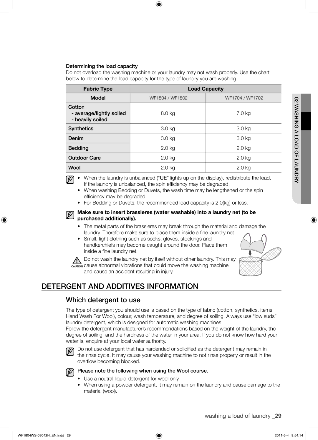 Samsung WF1804YPV2/XEE manual Detergent and Additives Information, Which detergent to use, Fabric Type Load Capacity, Model 