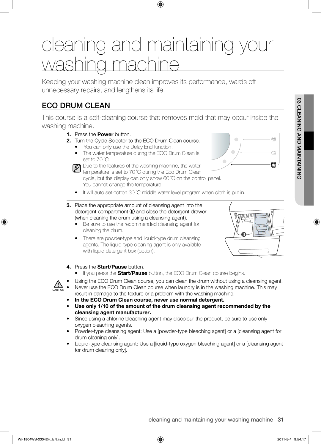 Samsung WF1702WSW2/YLV, WF3714YSW2/XEG, WF3704YSW2/XEG manual Cleaning and maintaining your washing machine, ECO Drum Clean 