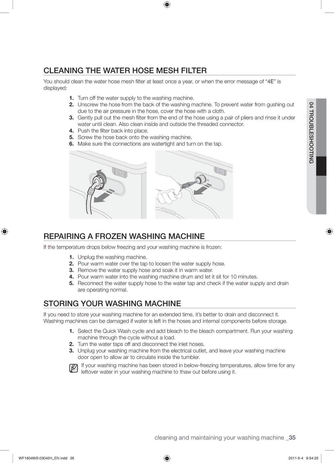 Samsung WF1704WSV2/XEF, WF3714YSW2/XEG manual Cleaning the Water Hose Mesh Filter, Repairing a Frozen Washing Machine 