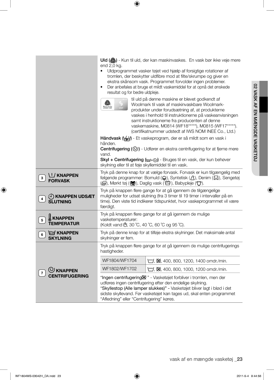 Samsung WF1704WSV2/XEF, WF3714YSW2/XEG manual Forvask, Knappen Udsæt, Slutning, Temperatur, Skylning, Centrifugering 