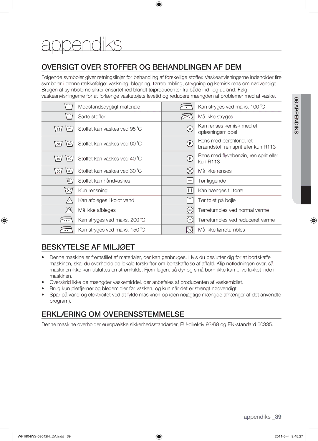 Samsung WF1704WSV2/XEF manual Appendiks, Oversigt Over Stoffer OG Behandlingen AF DEM, Beskytelse AF Miljøet, Kun R113 