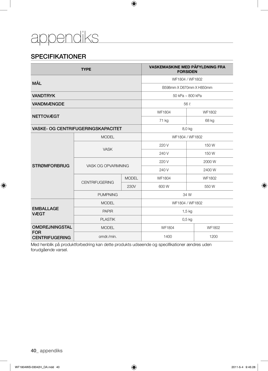 Samsung WF1702WSV2/XET, WF3714YSW2/XEG, WF3704YSW2/XEG, WF1804WPC2/XEF, WF1704WSV2/XEF manual Specifikationer, Strømforbrug 