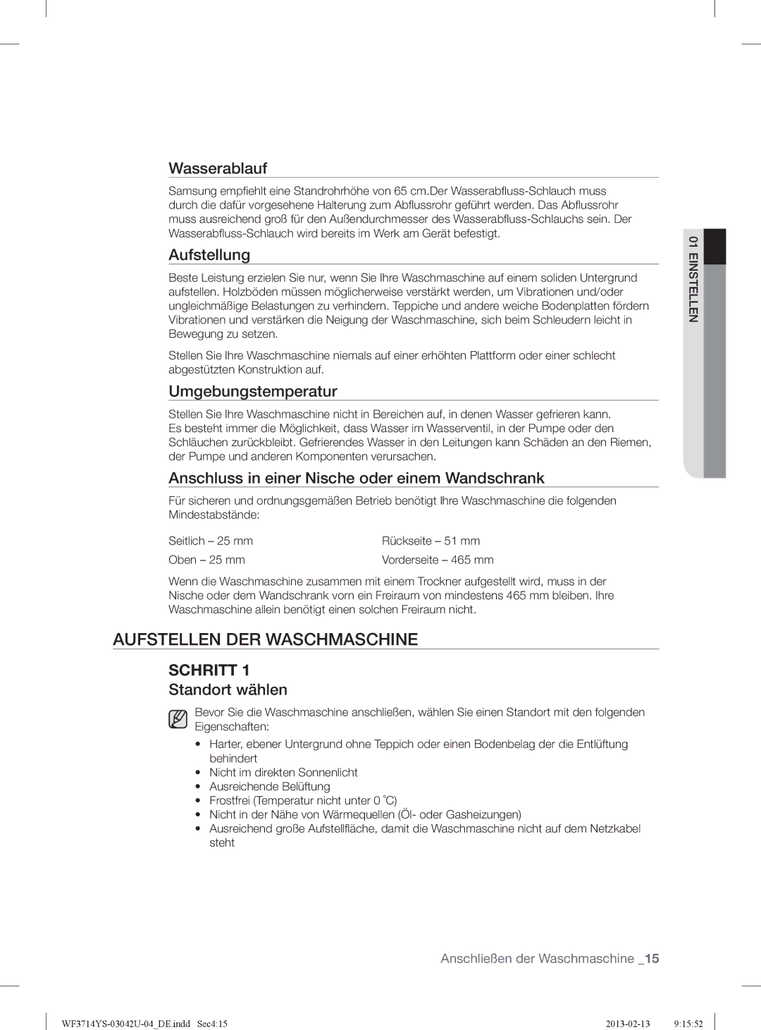 Samsung WF3724YSV2/XEG, WF3854YSV2/XEG, WF3714YSW2/XEG manual Aufstellen DER Waschmaschine 