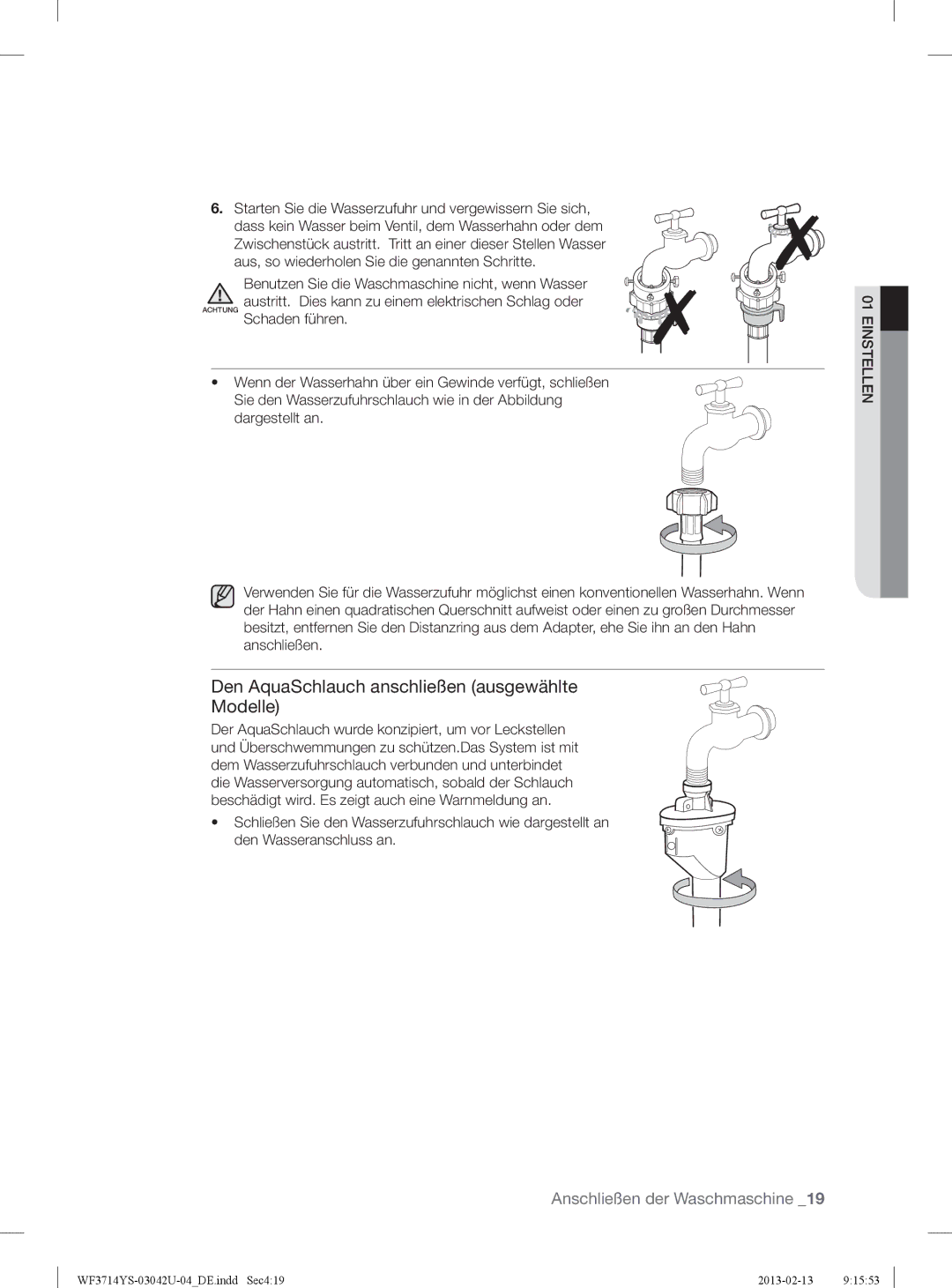 Samsung WF3854YSV2/XEG, WF3724YSV2/XEG, WF3714YSW2/XEG manual Den AquaSchlauch anschließen ausgewählte Modelle 