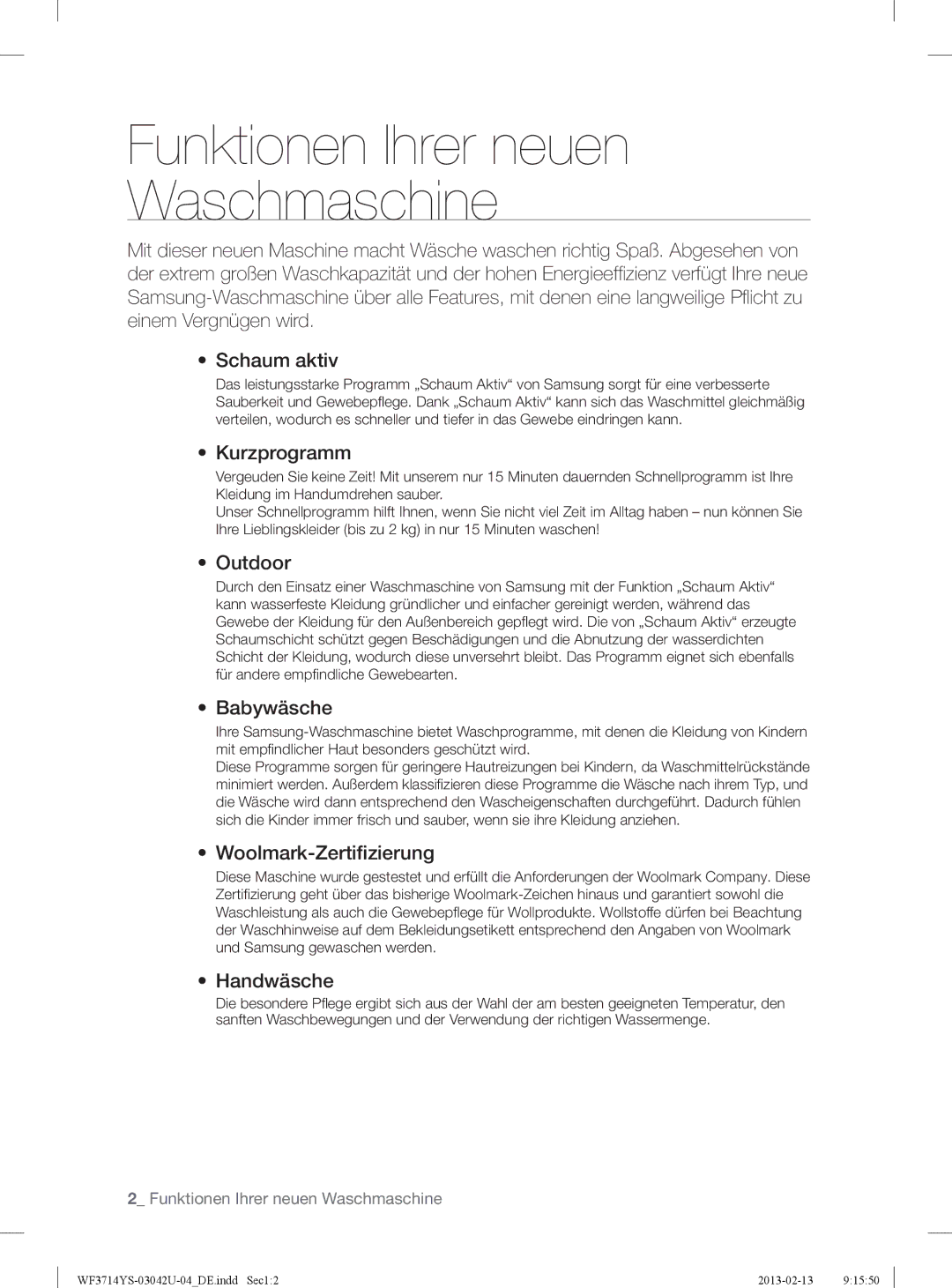 Samsung WF3714YSW2/XEG, WF3724YSV2/XEG, WF3854YSV2/XEG manual Funktionen Ihrer neuen Waschmaschine 