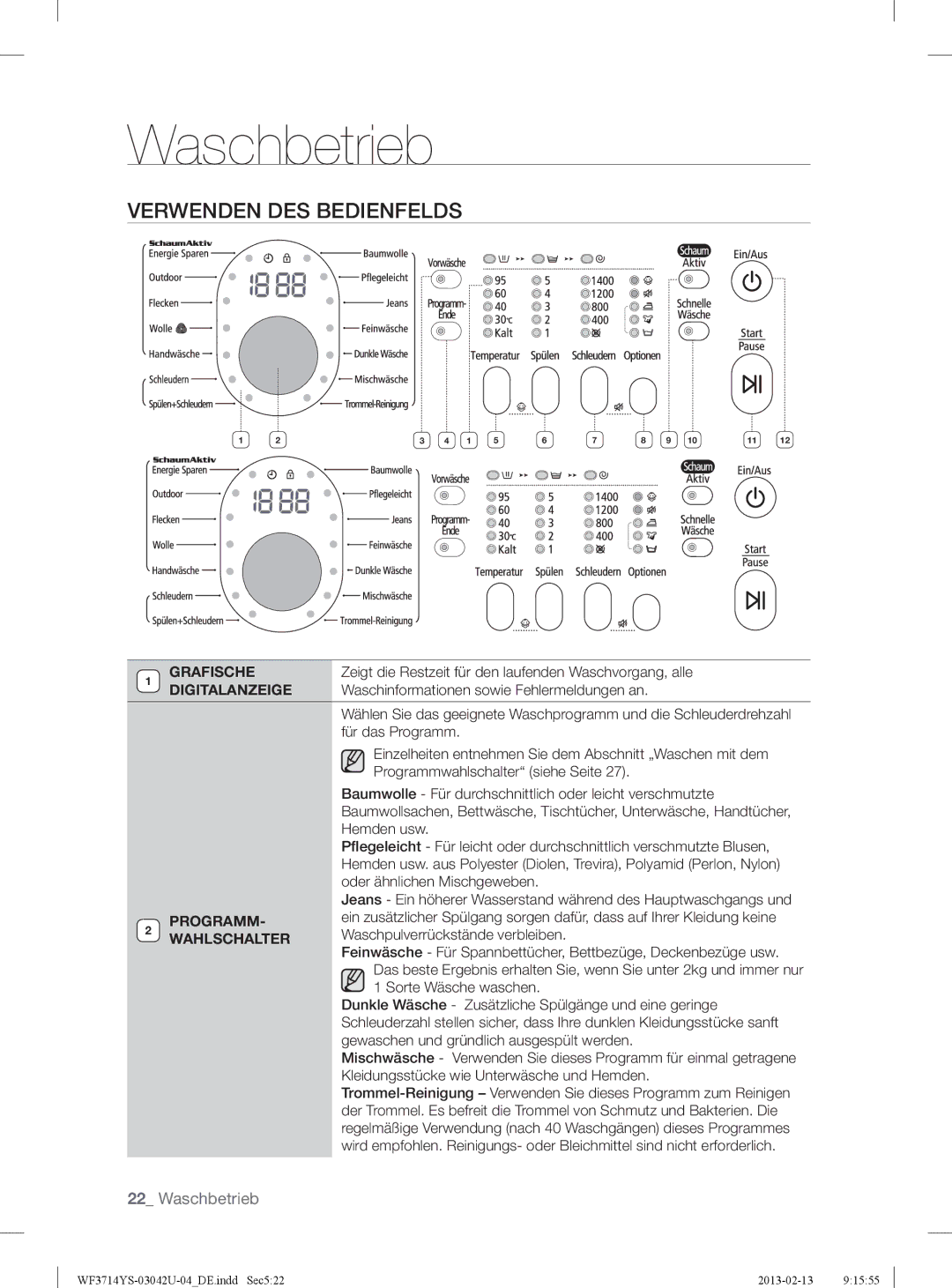 Samsung WF3854YSV2/XEG, WF3724YSV2/XEG manual Verwenden DES Bedienfelds, Grafische, Digitalanzeige, Programm, Wahlschalter 