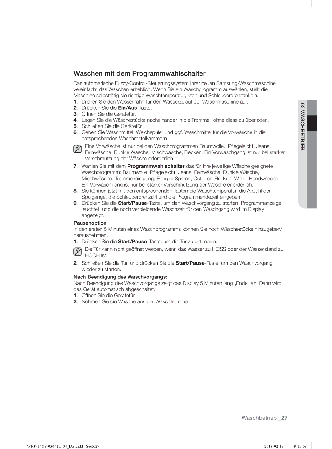 Samsung WF3724YSV2/XEG, WF3854YSV2/XEG, WF3714YSW2/XEG manual Waschen mit dem Programmwahlschalter 