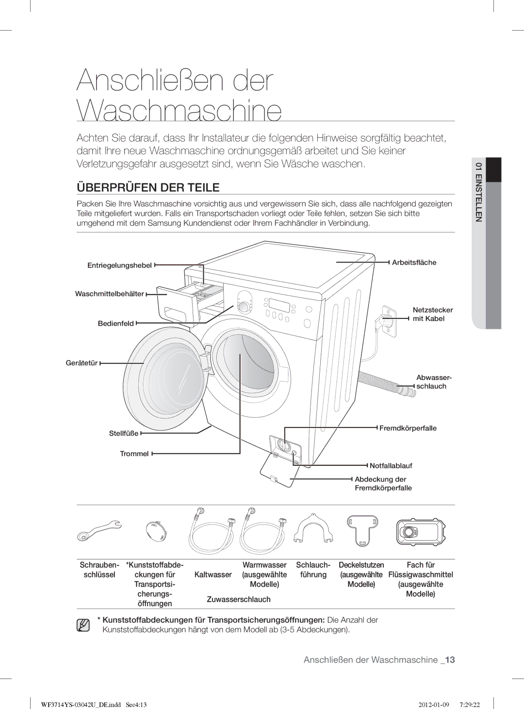 Samsung WF3854YSV2/XEG manual Anschließen der Waschmaschine, Überprüfen DER Teile, Kaltwasser ausgewählte, Zuwasserschlauch 