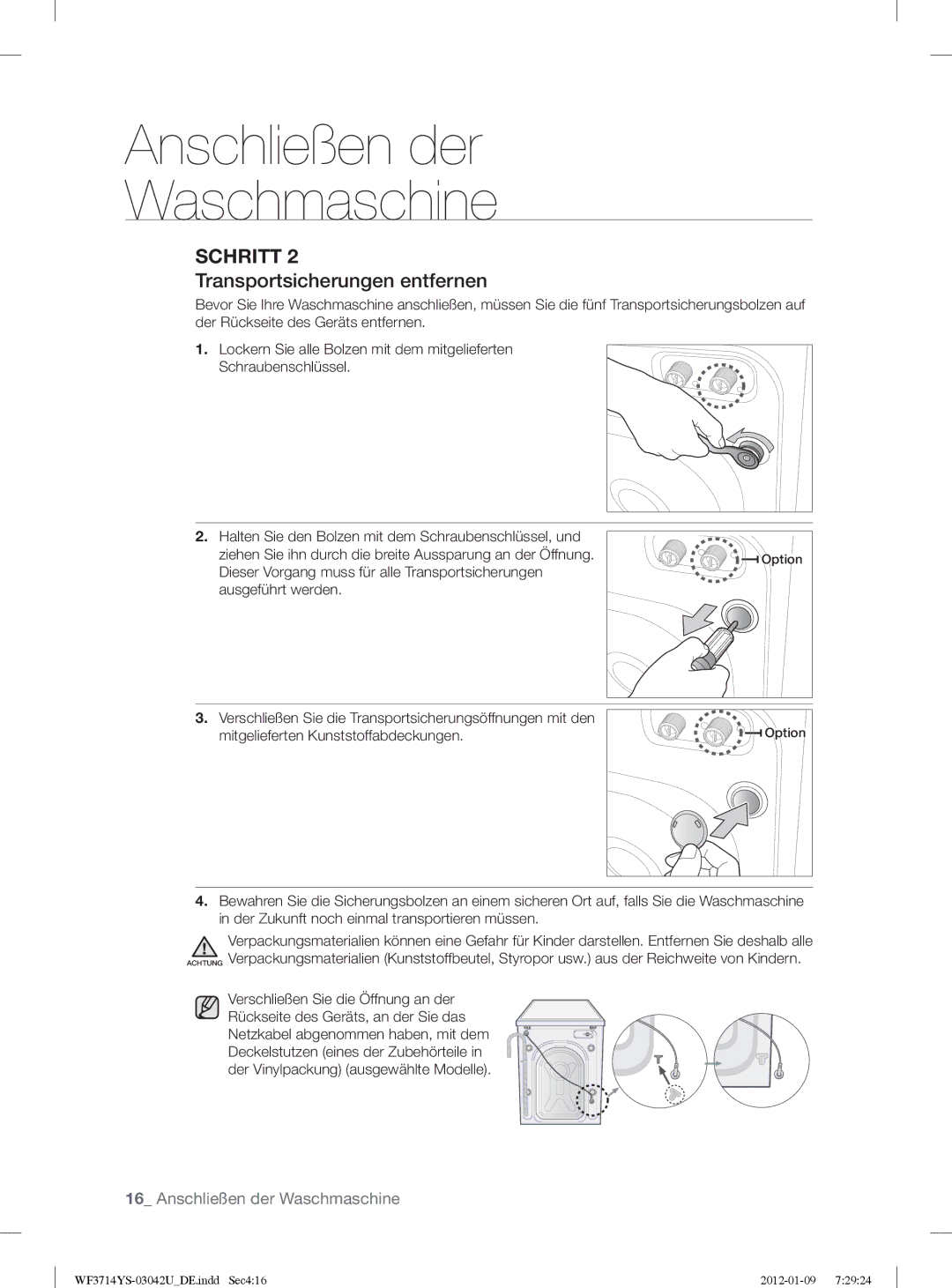 Samsung WF3724YSV2/XEG, WF3854YSV2/XEG manual Transportsicherungen entfernen 