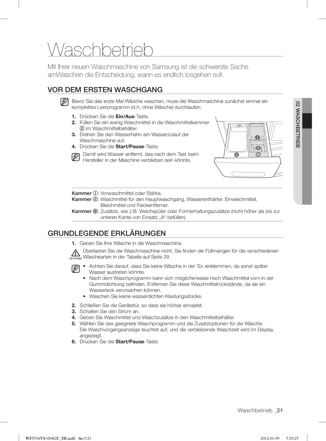 Samsung WF3854YSV2/XEG, WF3724YSV2/XEG manual Waschbetrieb, VOR DEM Ersten Waschgang, Grundlegende Erklärungen 