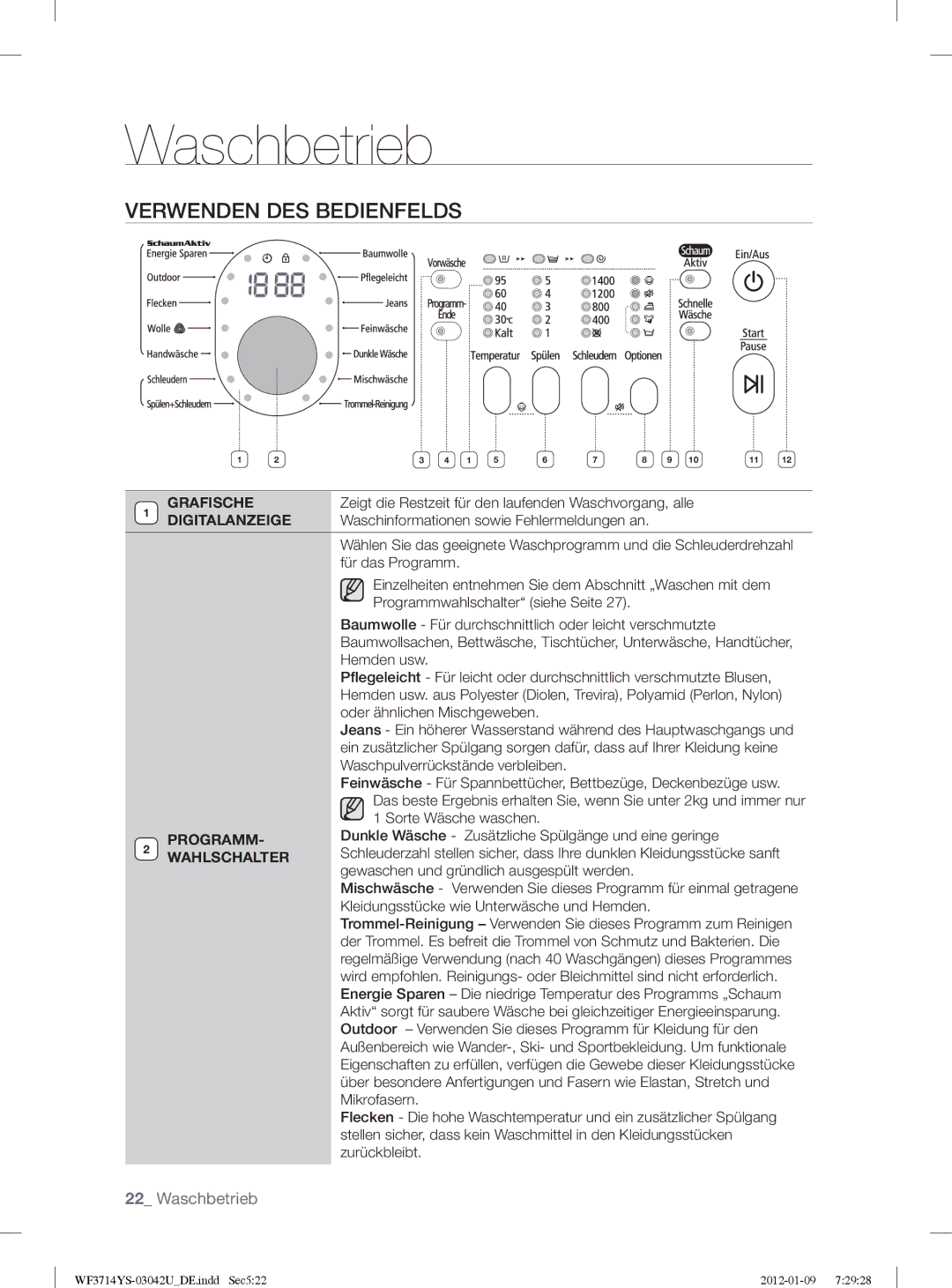 Samsung WF3724YSV2/XEG, WF3854YSV2/XEG manual Verwenden DES Bedienfelds, Grafische, Digitalanzeige, Programm, Wahlschalter 