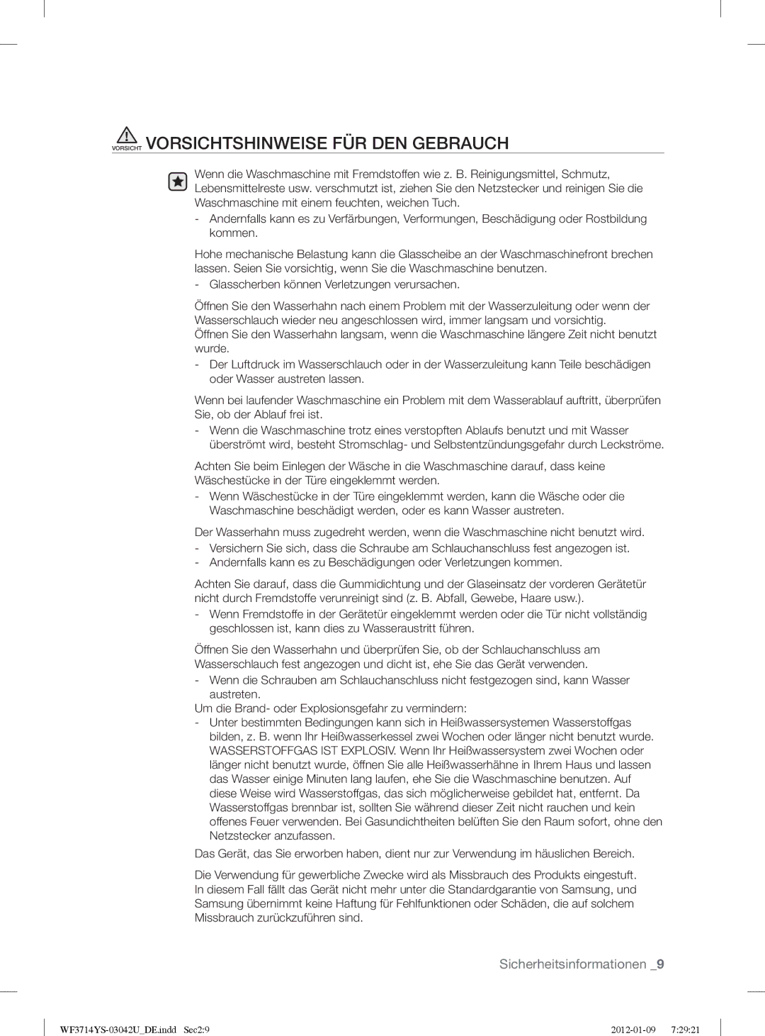 Samsung WF3854YSV2/XEG, WF3724YSV2/XEG manual Vorsicht Vorsichtshinweise FÜR DEN Gebrauch 