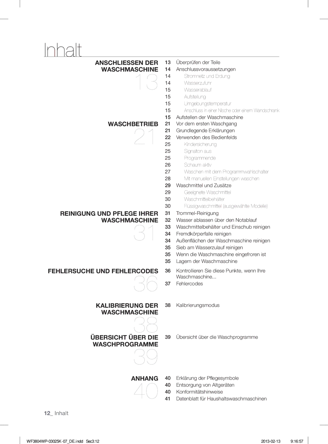 Samsung WF3784YPV2/XEG manual Inhalt 