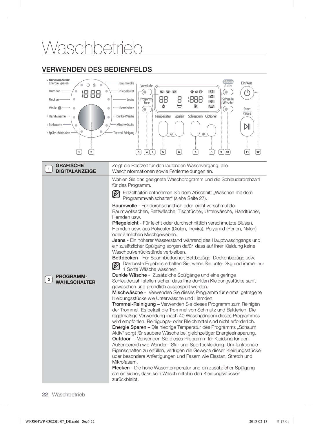 Samsung WF3784YPV2/XEG manual Verwenden DES Bedienfelds, Grafische, Digitalanzeige, Programm, Wahlschalter 