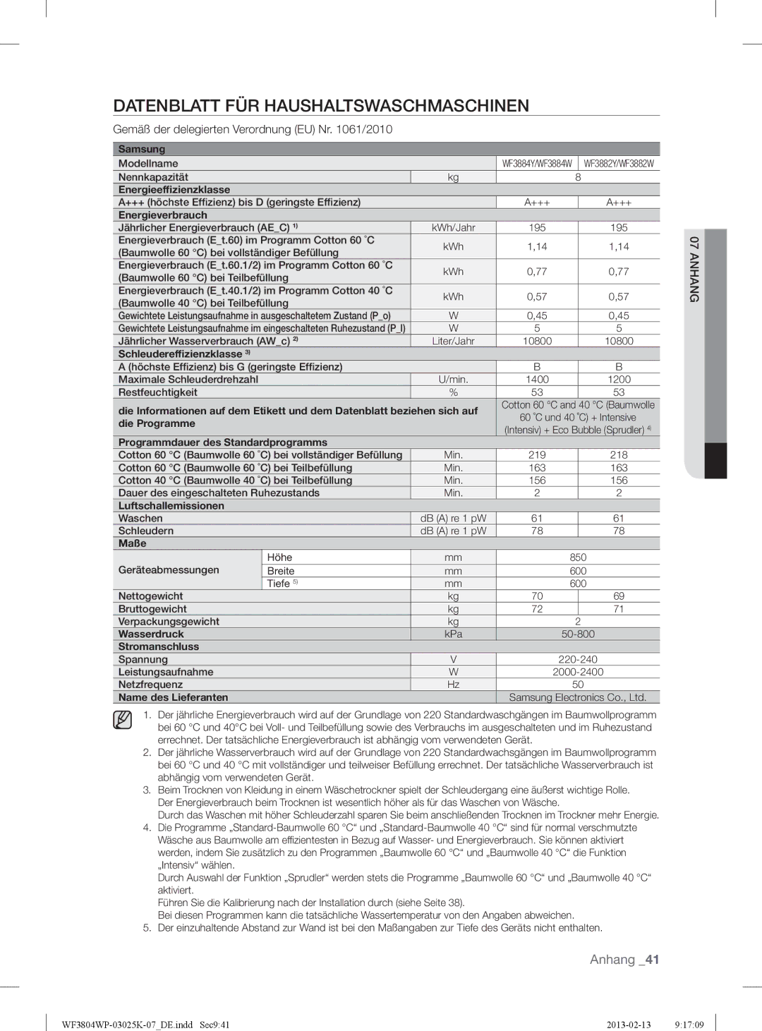 Samsung WF3784YPV2/XEG manual Datenblatt FÜR Haushaltswaschmaschinen, Gemäß der delegierten Verordnung EU Nr /2010 