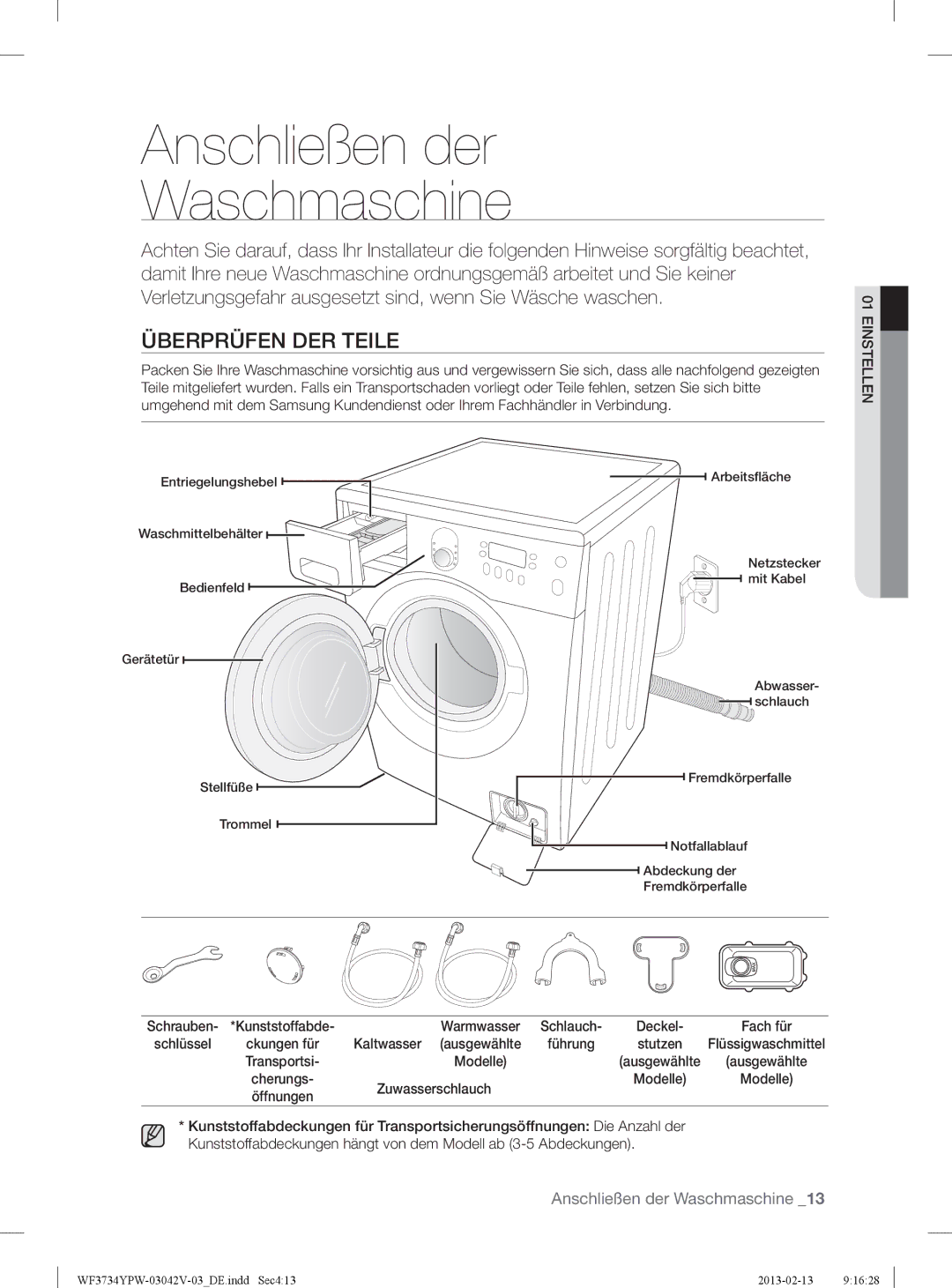 Samsung WF3734YPW2/XEG manual Anschließen der Waschmaschine, Überprüfen DER Teile, Kaltwasser ausgewählte, Zuwasserschlauch 