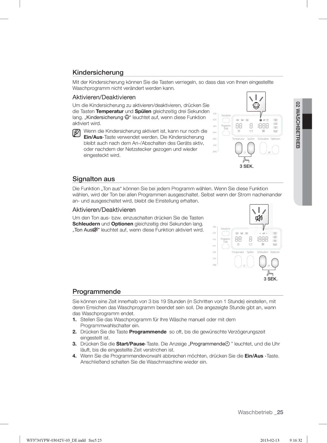 Samsung WF3734YPW2/XEG, WF3884YPV2/XEG manual Signalton aus, Aktivieren/Deaktivieren 