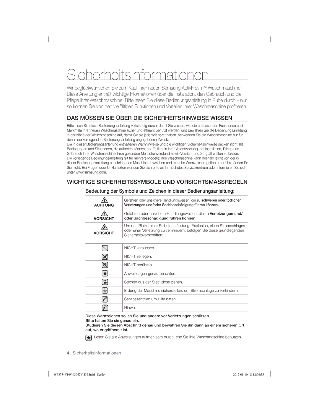 Samsung WF3734YPW2/XEG, WF3884YPV2/XEG manual DAS Müssen SIE Über DIE Sicherheitshinweise Wissen 