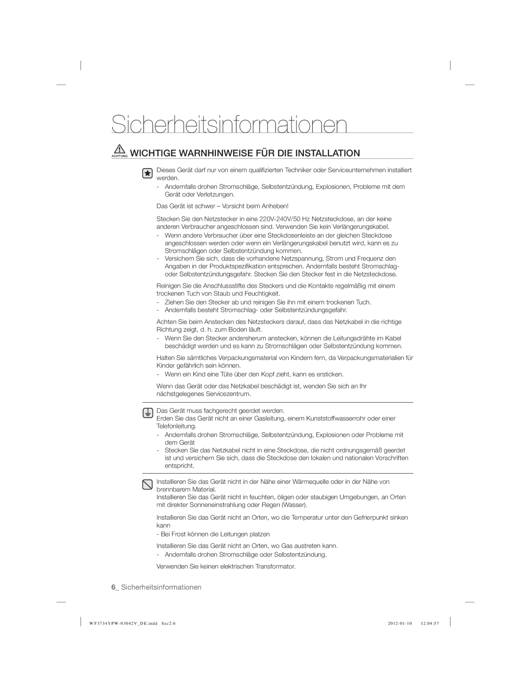 Samsung WF3734YPW2/XEG, WF3884YPV2/XEG manual Achtung Wichtige Warnhinweise FÜR DIE Installation 